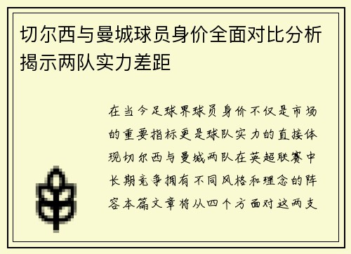 切尔西与曼城球员身价全面对比分析揭示两队实力差距